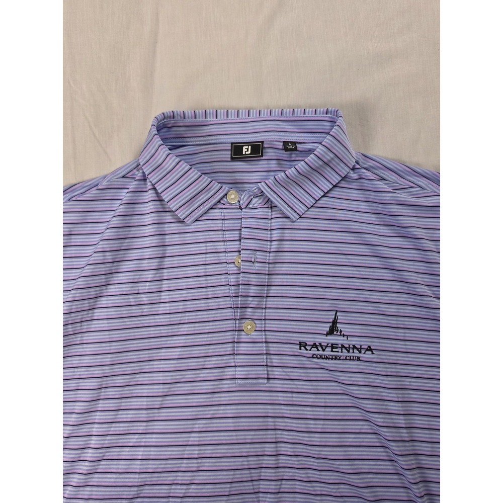 FootJoy Polo Shirt Mens Large Purple Stripe Ravenna Country Club Golf Stretch